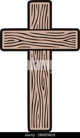 Handgezeichnetes hölzernes christliches Zeichentrickkreuz auf weißem Hintergrund. Stock Vektor