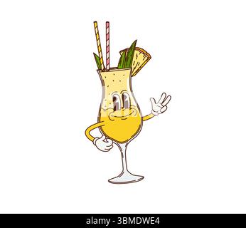 Cartoon-Retro-groovige Pina-Colada-Cocktailfigur. Alkoholgetränk, Sommer-Kaltgetränk Vektor 60s lustige Persönlichkeit. Tropisches Cocktailglas mit Ananas- und Papierstroh-Retro-Charakter Stock Vektor