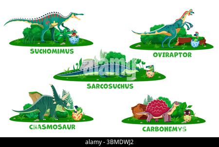 Dinosauriermutter mit Dino-Kindern, die aus Eiern im prähistorischen Jurassic Forest schlüpfen, Vektor-Zeichentrickfiguren. Prähistorische Eidechsen Reptilien und Dinosauriermütter mit lustigem neugeborenen Dino-Baby in Eierschale Stock Vektor