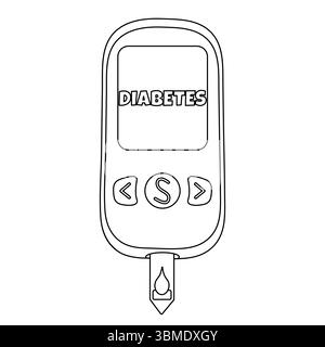 Ausmalseite mit Umrisszeichnung des Blutzuckermessgeräts oder Nahaufnahme-Glukometer, mit Diabetes-Text und Bluttröpfchen auf Teststreifen. Für Unterhaltung Stock Vektor
