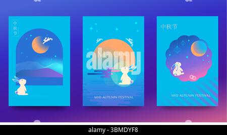 Hintergrund, Grußkarten, Poster, Weihnachtsbezüge mit Mond, Mondkuchen und süßen Kaninchen. Blauer, heller Hintergrund. Chinesische Übersetzung - Mid-Au Stock Vektor
