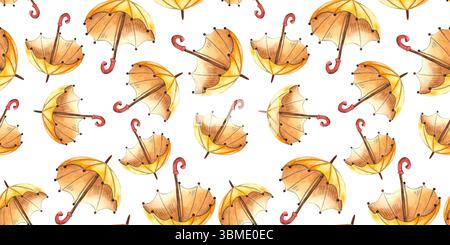 Nahtlose Illustration von Herbstkleidung. Aquarell handgezeichnete Socken, Schals Regenschirm, Bücher auf weißem Hintergrund. Stockfoto