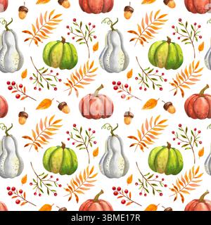 Nahtloses Herbstmuster mit orangefarbenen Blättern und Herbstkürbissen. Handgezeichnete Aquarellillustration von Gemüse und Pflanzen auf weißem Hintergrund. Stockfoto