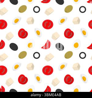 Halb gekochte Eierkäsewürfel Oliven und Tomaten Scheiben nahtlose Muster Salat Zutaten Hintergrund. Isolierte Vektor-Illustration Lebensmittel Themen oder Menükarten Hintergrund Banner, Broschüre, Etikett, Preisschild Stock Vektor