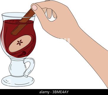Von Hand gezeichnete Person taucht Zimtstab in eine Glasschale Glühwein und Gewürze Pop Art Design. Isolierte Vektor-Illustration gemütlicher thematischer Inhalt und Werbung Menükarten, Preisschild, Flugblätter Stock Vektor