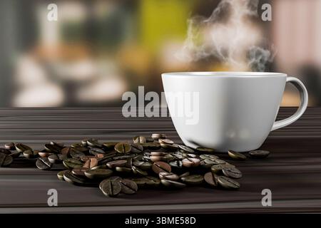 Eine Nahaufnahme einer Espresso-Tasse mit aufsteigendem Dampf, umgeben von einem Stapel dunkel gerösteter Kaffeebohnen auf einer dunklen Holzoberfläche. Perfekt für Illustrat Stockfoto