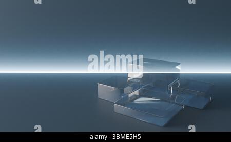 Ein modernes Produktmodell mit transparenten blau-grauen geometrischen Würfeln, die mit kühlem, scharfem Licht beleuchtet werden und eine elegante und moderne Präsentation schaffen Stockfoto