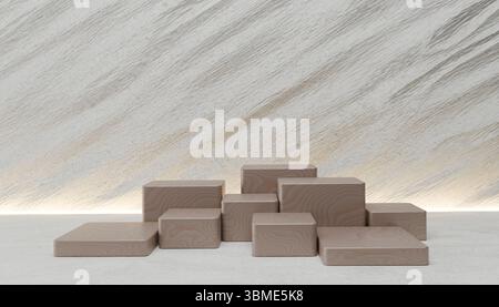 Eine moderne 3D-gerenderte Produktanzeige mit mehreren Ebenen geometrischer Holzwürfel. Ideal zur Präsentation einer Vielzahl von Produkten oder zur Hervorhebung von d Stockfoto