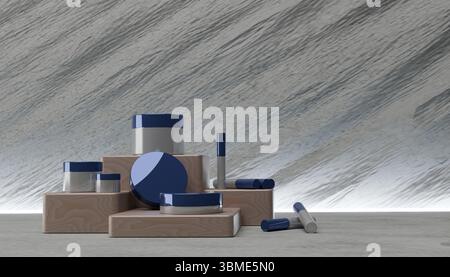 Ein Kosmetikmodell mit natürlichem und biologischem Thema, das blaue Verpackungen auf Holzpodesten vor einem strukturierten Erdboden zeigt. Perfekt für hohe Temperaturen Stockfoto