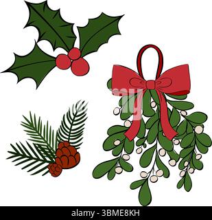 Omela, Stechpalme, Tannenzweig und Kegel Komposition Set. Abbildung der grafischen Vektorfarbe. Weihnachtsfeier. Frohes neues Jahr. Für Logo, Web, p Stock Vektor