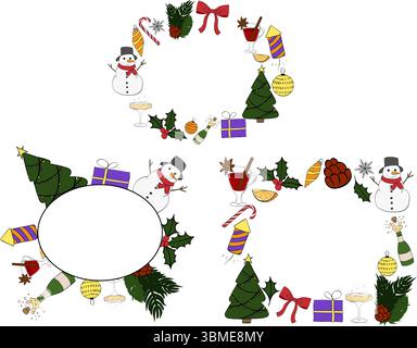 Vorlage für den ovalen Rahmen „Frohe Weihnachten und Happy New Year“. Abbildung der grafischen Vektorfarbe. Weihnachtsbaum, Äste, Bälle, Schneeflocke. Luxus e Stock Vektor