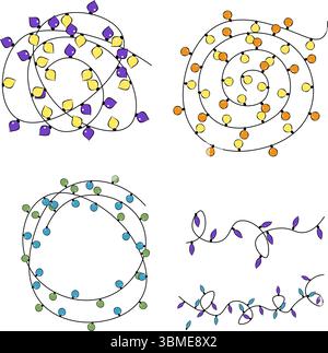 Weihnachtsbeleuchtung Kompositionsset. Abbildung der grafischen Vektorfarbe. Set glühender Weihnachtsgirlanden. Für Werbeeinladungen, Webbanner, p Stock Vektor