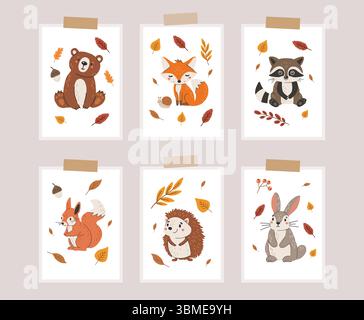Wilde Tiere isoliert, niedliche Waldtiere, Kinder Vektor, Design für Plakate, Aufkleber, Banner Stock Vektor