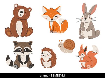 Wilde Tiere isoliert, niedliche Waldtiere, Kinder Vektor, Design für Plakate, Aufkleber, Banner Stock Vektor