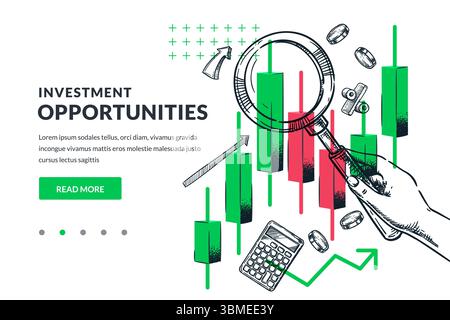 Hand mit Lupe zur Analyse von Börsenleuchtern. Vektor-Collage-Illustration von Handel, Investition, Finanzforschung, Risiko und Strate Stock Vektor