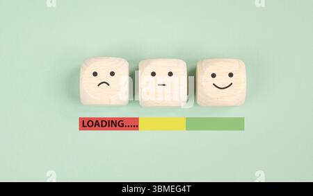 Traurig Bis Glücklich Lächelndes Gesicht Laden, Geistige Gesundheit, Einstellung, Positiver Und Negativer Geist, Einfluss Emotion, Unterstützung Und Depression Stockfoto