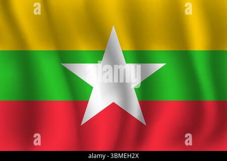 Die Flagge Myanmars flattert im Wind, mit Falten 3d Stock Vektor