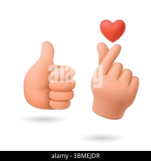 Vektor 3D Finger Herz Hand Geste Set. Koreanische Fingerherz-Illustration, die Liebe und Wertschätzung zeigt. Niedliche Handgesten für soziale Medien, K-Pop Stock Vektor