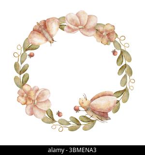 Aquarellkranz Illustration Insekten Schmetterling Motel in Pfingstrose Blumen grüne Blätter. Vorlagenrunde im Kinderstil auf isoliertem Hintergrund gezeichnet Stockfoto