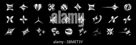 3D-Chrom-Symbole im Y2K-Stil. Silberne Metallsterne, Herz- und Kugelformen mit glänzender Oberfläche und holographischem Verlauf. Abstrakte futuristische, isolierte Set-Elemente mit funkelndem, fließender Form und Retro-Vibe Stock Vektor