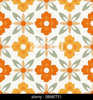 Nahtloses Vektormuster inspiriert vom auffälligen Retro-Design der 1970er Jahre, grooviges Blumenmuster in warmen Erdorange-Tönen, strukturierter Hintergrund für Vintage-Prints, Stock Vektor