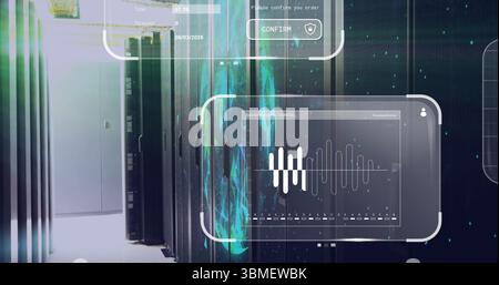 Server-Racks leuchten mit blinkenden Lichtern im Korridor des Rechenzentrums mit holografischen Datendiagrammen. Technologie, Cybersicherheit, futuristisch, digital, Netzwerk Stockfoto