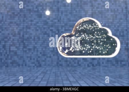 Beleuchtetes Wolkenlicht mit funkelnden Bokeh-Lichtern auf einem gefliesten Wandhintergrund. 3D-Rendering Stockfoto