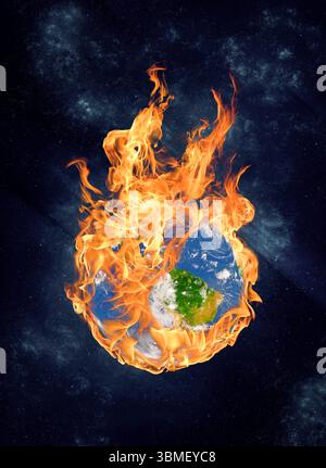 Konzeptbild des Planeten Erde in Flammen aufgrund der globalen Erwärmung, des Klimawandels und steigender Temperaturen Stockfoto