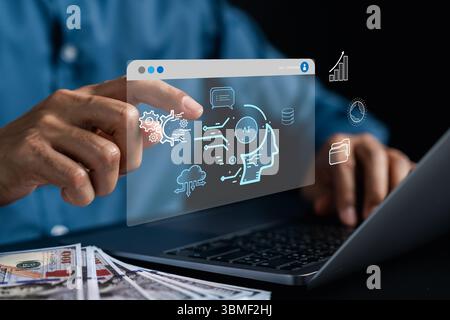 Künstliches Intelligenzsystem für Cloud-Computing, Data Center Analytics und Geschäftsautomatisierung. Digitale Transformation, Big Data und t Stockfoto