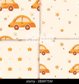 Set aus vier nahtlosen böhmischen Babymustern mit Autospielzeug, Herzen und Kreisen. Stock Vektor