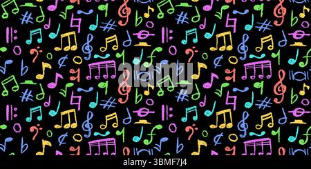 Handgeschriebene Popmusik-Elemente. Nahtloses Muster im Anthrazit-Stil. Kritzeln Sie bunte Notizen für Kindergartenkinder. Vektor-Illustration eines niedlichen Kindes Stock Vektor