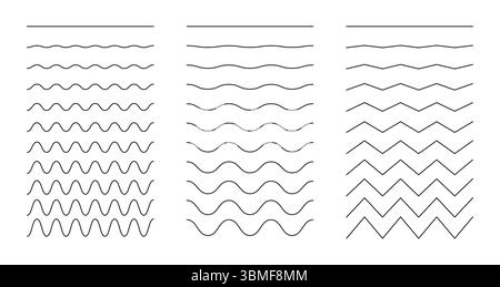 Satz von kurvigen, welligen, Zickzacklinien. Einfache, wellige Ränder, transversale horizontale Zeilenerfassung. Flüssigkeit, Sinus, Luft, Windzeichen. Fluss, Wasser, See Stock Vektor