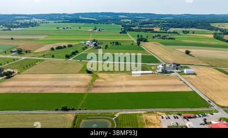 Die Landschaft zeigt einen weiten Teil von bewirtschaftetem Ackerland mit verschiedenen Grün- und Brauntönen unter einem klaren blauen Himmel. Kleiner Bauernhof Stockfoto