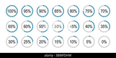 Satz von Runddiagrammen für Infografiken von 0 bis 100 Prozent. Anzeige für geteilte Tortendiagramme in blauer, grauer Farbe. Infografiken in Prozent Stock Vektor