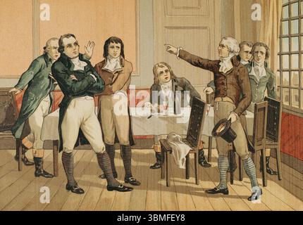 Französische Revolution. Letztes Interview zwischen Danton (1759-1794) und Robespierre (1758-1794), am 28. Juni 1793 in einem Pariser Café in der Rue du Paon. Chromolithographie. Los Girondinos (Revolución Francesa) (die Girondins, Französische Revolution), von A. de Lamartine. Band II. Veröffentlicht in Barcelona, 1904. Stockfoto