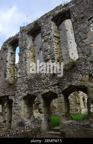 Ein Abschnitt der Steinmauer mit Fensteröffnungen in Portchester Castle, Hampshire, England, im August gefangen genommen. Stockfoto