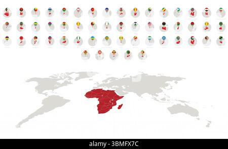 Kreissymbole mit Flaggen und Karten afrikanischer Länder, alphabetisch sortiert. Vektorsammlung Stock Vektor