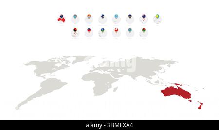 Kreissymbole mit Flaggen und Karten der Länder des Ozeans, alphabetisch sortiert. Vektorsammlung Stock Vektor