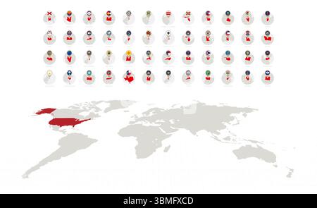 Kreissymbole mit Flaggen und Karten von US-Bundesstaaten, alphabetisch sortiert. Vektorsammlung Stock Vektor