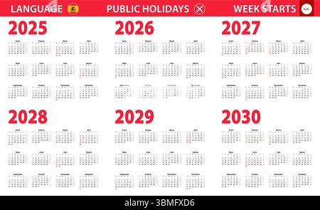 2025-2030 Jahreskalender in spanischer Sprache, Woche beginnt am Sonntag. Vektorkalender. Stock Vektor
