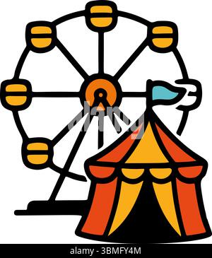 Eine einfache Zeichnung zeigt einen Festplatz. Ein Riesenrad sitzt neben einem Zelt mit blauer Flagge. Es ist ein Vektorsymbol im Cartoon-Stil, perfekt für Design-Projekte Stock Vektor
