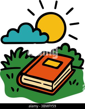 Ein handgezeichnetes orangenes Buch sitzt im Gras, unter einer Karikatursonne und Wolke. Es ist eine niedliche, einfache Illustration, die Entspannung vermittelt Stock Vektor
