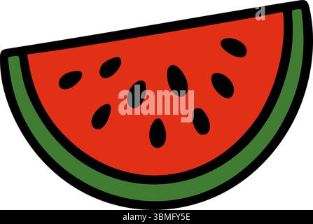 Hand gezeichnetes Vektorkritzelchen einer Scheibe Wassermelone, mit rotem Fleisch, schwarzen Samen und einer grünen Schüssel, isoliert auf weißem Hintergrund Stock Vektor