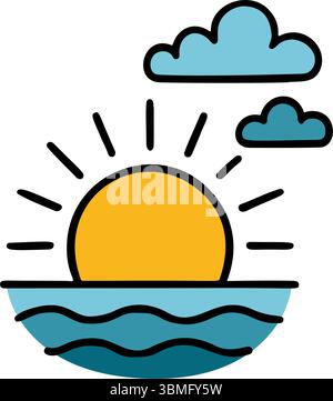Einfache Strichzeichnung. Die Sonne geht über dem Ozean auf, wobei Lichtstrahlen von ihm ausgehen und einige Wolken am Himmel schwimmen Stock Vektor