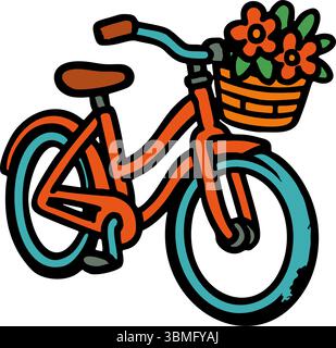 Hand gezeichnetes Vektor-Symbol eines Fahrrads mit einem Korb gefüllt mit Blumen. Das Fahrrad hat farbenfrohe Linien und einen künstlerischen Doodle-Stil Stock Vektor