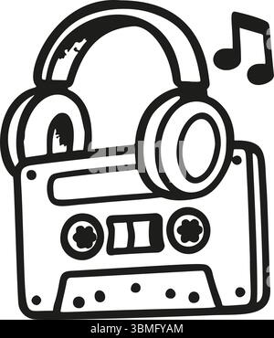 Die handgezeichnete Abbildung zeigt ein Musikkassettenband mit Kopfhörern und einer Notennotiz daneben. Schwarz-weiß-Vektorkunst in Kritzelei Stock Vektor