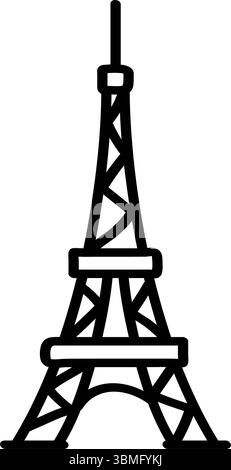 Eine handgezeichnete schwarze Umrandung des Eiffelturms hebt sich vor einem weißen Hintergrund hervor. Seine kultige Form wird in einem minimalistischen Linienstil wiedergegeben Stock Vektor