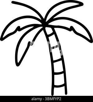 Eine handgezeichnete, schwarz-weiße Linienzeichnung zeigt eine einfache Kritzelung einer Palme. Der Strukturbaum zeigt oben Stirnseiten und Segmente entlang seines Stammes Stock Vektor