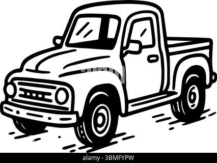 Die Grafik zeigt einen handgezeichneten Pick-up-Truck im Retro-Stil. Dieser schwarz-weiße Vektor bietet ein minimalistisches Design für Automobil-u Stock Vektor