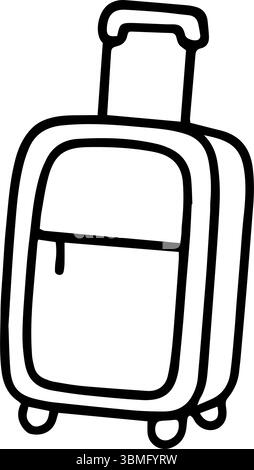 Eine schwarz-weiße Kritzelung präsentiert einen einfachen, handgezeichneten Koffer. Er verfügt über einen einziehbaren Griff und Räder, perfekt für die Planung von Urlaubsreisen Stock Vektor